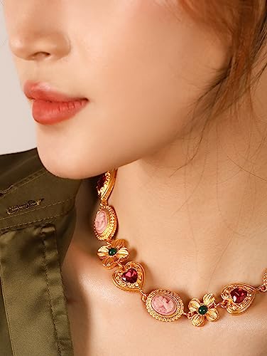 OJERRY Byzantine Medieval Renaissance Colorful Gold Plated Chunky Costume Statement Heart Cameo Pendant Choker Necklace Cool Jewelry Set Necklaces Coolest Gifts for Women Chunky Trendy In Their 30s