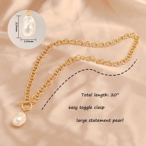PEARLADA Large Baroque Pearl Pendant Necklace, 18k Gold Chunky Chain Link Necklace for Women, Statement Necklace with Toggle Clasp
