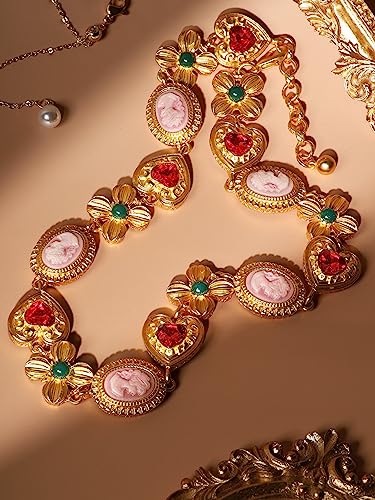OJERRY Byzantine Medieval Renaissance Colorful Gold Plated Chunky Costume Statement Heart Cameo Pendant Choker Necklace Cool Jewelry Set Necklaces Coolest Gifts for Women Chunky Trendy In Their 30s