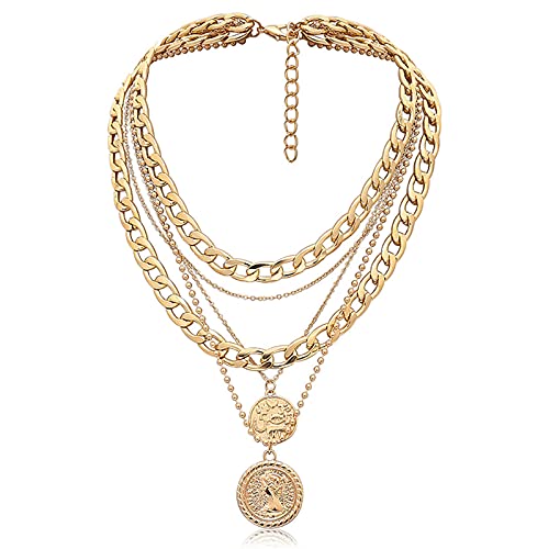 MJartoria Gold Layered Necklaces for Women Trendy Retro Coin Pendant Necklace Dainty Chunky Chain Choker Necklaces for Jewelry Birthday Gifts (Gold, A-Retro Coin-5 in 1 Layered)