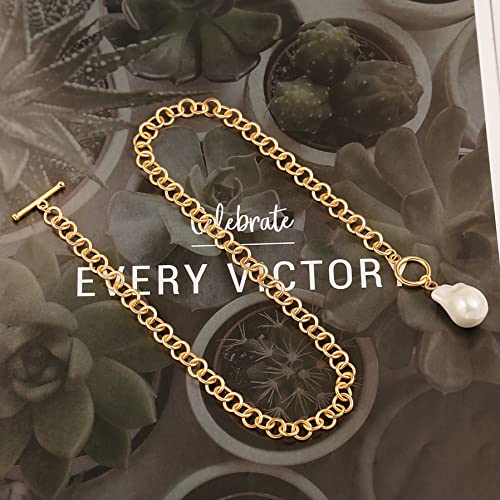 PEARLADA Large Baroque Pearl Pendant Necklace, 18k Gold Chunky Chain Link Necklace for Women, Statement Necklace with Toggle Clasp