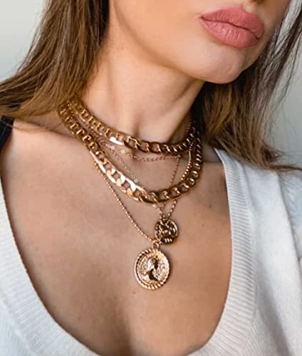 MJartoria Gold Layered Necklaces for Women Trendy Retro Coin Pendant Necklace Dainty Chunky Chain Choker Necklaces for Jewelry Birthday Gifts (Gold, A-Retro Coin-5 in 1 Layered)