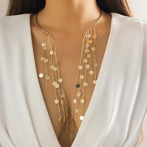 Metal Pearl Open Choker Necklace Adjustable Gold Pearl Choker Necklaces for Women Round Open Cuff Necklace Elegant Cuff Collar Necklace Statement Chain Necklace for Women (Sequin)