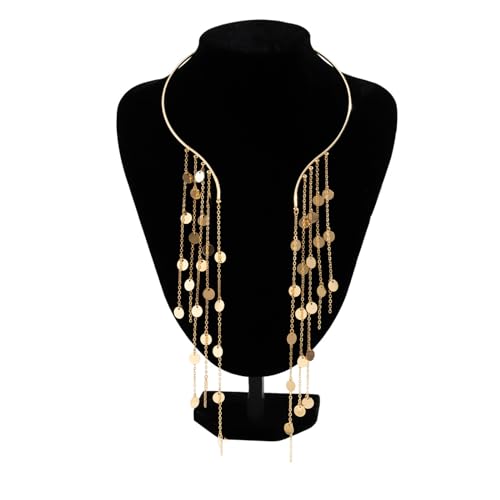 Metal Pearl Open Choker Necklace Adjustable Gold Pearl Choker Necklaces for Women Round Open Cuff Necklace Elegant Cuff Collar Necklace Statement Chain Necklace for Women (Sequin)