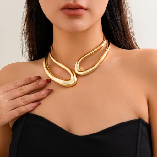 Abiotp Chunky Gold Choker Collar Necklaces Irregular Stretch Open Statement Necklace Twisted Geometric Clavicle Necklaces for Women Teen Girls Jewelry Accessories Gifts (gold)
