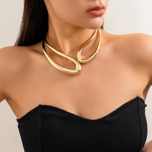 Abiotp Chunky Gold Choker Collar Necklaces Irregular Stretch Open Statement Necklace Twisted Geometric Clavicle Necklaces for Women Teen Girls Jewelry Accessories Gifts (gold)