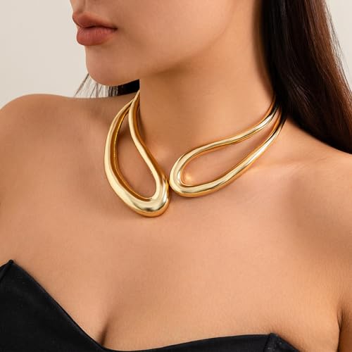 Abiotp Chunky Gold Choker Collar Necklaces Irregular Stretch Open Statement Necklace Twisted Geometric Clavicle Necklaces for Women Teen Girls Jewelry Accessories Gifts (gold)