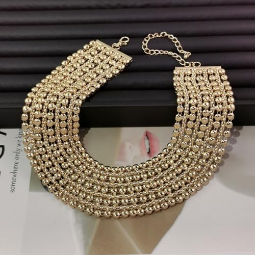 KDLUN Women Statement Necklace Choker Metal Beaded Chunky Necklace Collar Fashion Party Jewelry (4367 Gold Color)