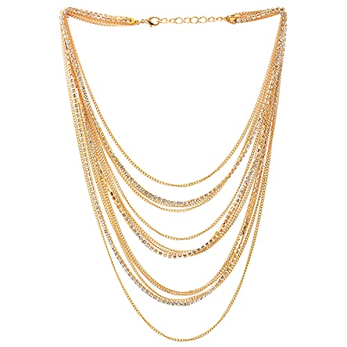 COOLSTEELANDBEYOND Gold Color Waterfall Multi-Strand Chains Statement Collar Necklace with Rhinestones Chains, Dress