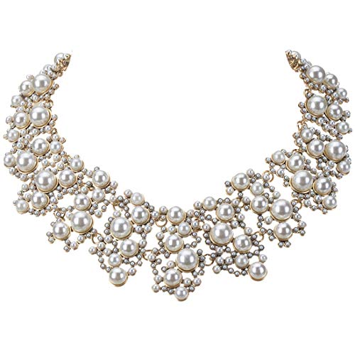 Jerollin Crystal Rhinestone/Pearl Statement Chain Necklace, Vintage Choker Bib Pendant Necklace Bohemian Bling Tassel Collar Statement Necklace for Evening Party… (White)