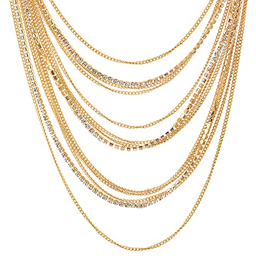 COOLSTEELANDBEYOND Gold Color Waterfall Multi-Strand Chains Statement Collar Necklace with Rhinestones Chains, Dress