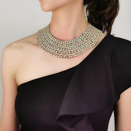 KDLUN Women Statement Necklace Choker Metal Beaded Chunky Necklace Collar Fashion Party Jewelry (4367 Gold Color)