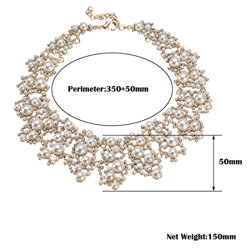 Jerollin Crystal Rhinestone/Pearl Statement Chain Necklace, Vintage Choker Bib Pendant Necklace Bohemian Bling Tassel Collar Statement Necklace for Evening Party… (White)