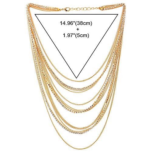 COOLSTEELANDBEYOND Gold Color Waterfall Multi-Strand Chains Statement Collar Necklace with Rhinestones Chains, Dress