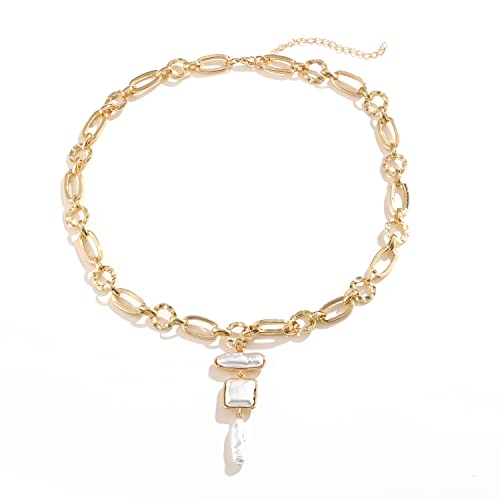 Statement Pearl and Chain Necklace Mixed Chain and Trendy Pearl Choker Organic Pears Heart Pendant Layering Necklace (B)