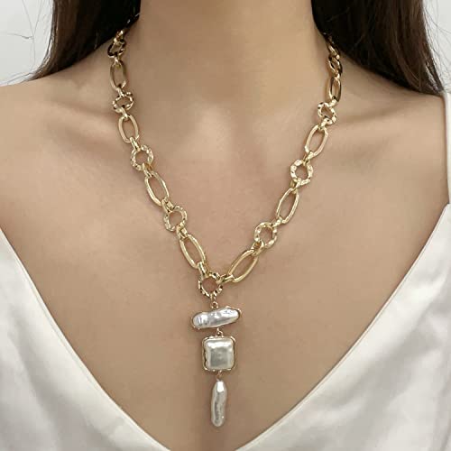Statement Pearl and Chain Necklace Mixed Chain and Trendy Pearl Choker Organic Pears Heart Pendant Layering Necklace (B)