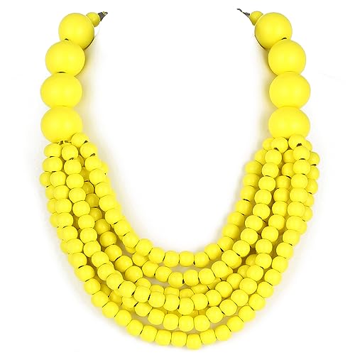 Kiszu 7 Layered Wood Beads Strand Statement Choker Necklace for Women, Africa Large and Small Round Chunky Necklace, Ethnic Colorful Bead Layered Bib Collar Necklace Hip Hop Jewelry