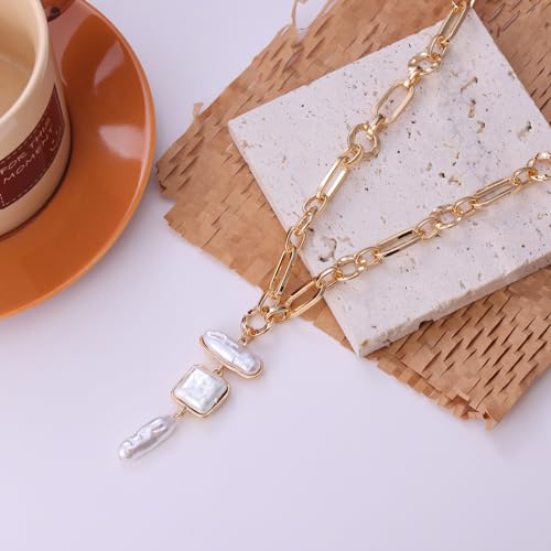 Statement Pearl and Chain Necklace Mixed Chain and Trendy Pearl Choker Organic Pears Heart Pendant Layering Necklace (B)