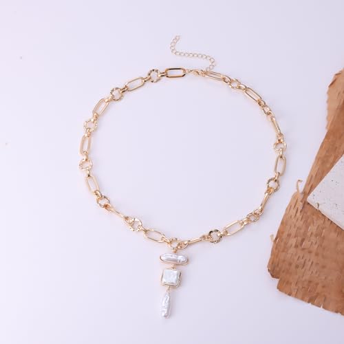 Statement Pearl and Chain Necklace Mixed Chain and Trendy Pearl Choker Organic Pears Heart Pendant Layering Necklace (B)