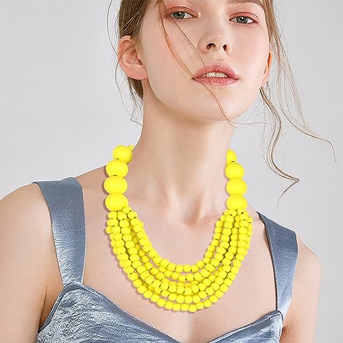 Kiszu 7 Layered Wood Beads Strand Statement Choker Necklace for Women, Africa Large and Small Round Chunky Necklace, Ethnic Colorful Bead Layered Bib Collar Necklace Hip Hop Jewelry