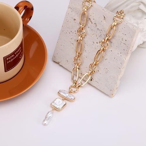 Statement Pearl and Chain Necklace Mixed Chain and Trendy Pearl Choker Organic Pears Heart Pendant Layering Necklace (B)
