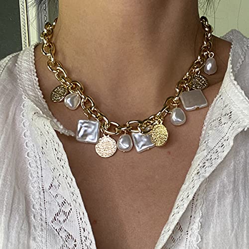 Asphire Punk Cuban Link Chain Choker Necklace with Irregular Pearl Coin Tassel Carved Coin Pendant Collar Necklace Baroque Festival Statement Accessories Gift for Women Teens Girls (Gold)