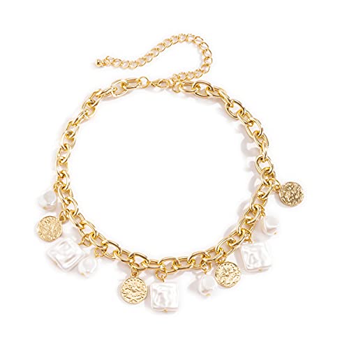 Asphire Punk Cuban Link Chain Choker Necklace with Irregular Pearl Coin Tassel Carved Coin Pendant Collar Necklace Baroque Festival Statement Accessories Gift for Women Teens Girls (Gold)