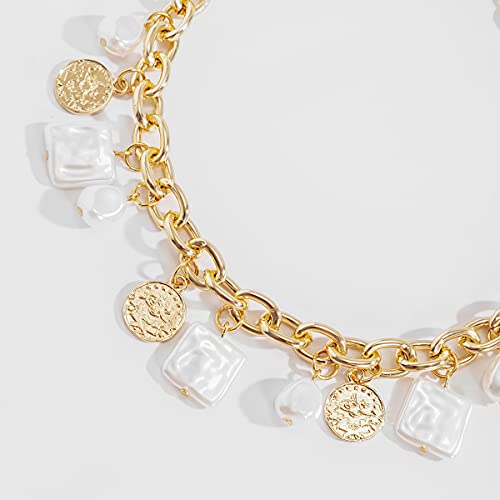 Asphire Punk Cuban Link Chain Choker Necklace with Irregular Pearl Coin Tassel Carved Coin Pendant Collar Necklace Baroque Festival Statement Accessories Gift for Women Teens Girls (Gold)