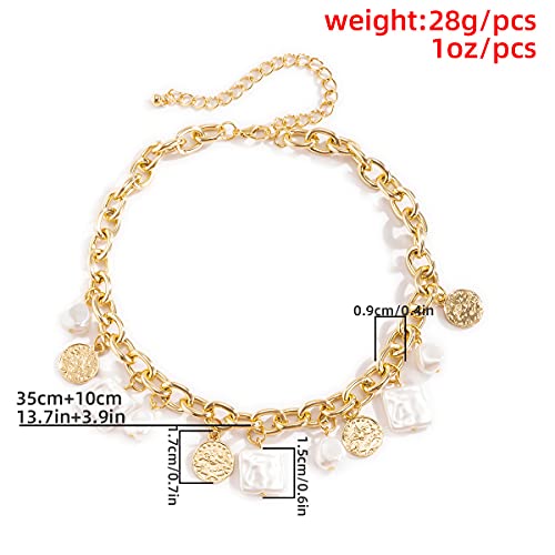 Asphire Punk Cuban Link Chain Choker Necklace with Irregular Pearl Coin Tassel Carved Coin Pendant Collar Necklace Baroque Festival Statement Accessories Gift for Women Teens Girls (Gold)