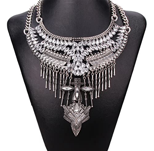 Long Tassel Chunky Boho Coin Statement Necklace For Women Silver (Style 4)