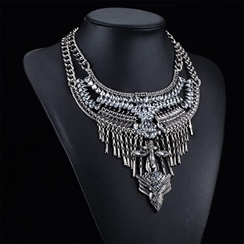 Long Tassel Chunky Boho Coin Statement Necklace For Women Silver (Style 4)