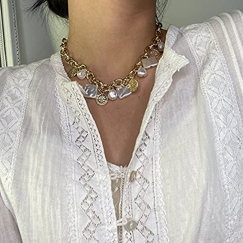 Asphire Punk Cuban Link Chain Choker Necklace with Irregular Pearl Coin Tassel Carved Coin Pendant Collar Necklace Baroque Festival Statement Accessories Gift for Women Teens Girls (Gold)