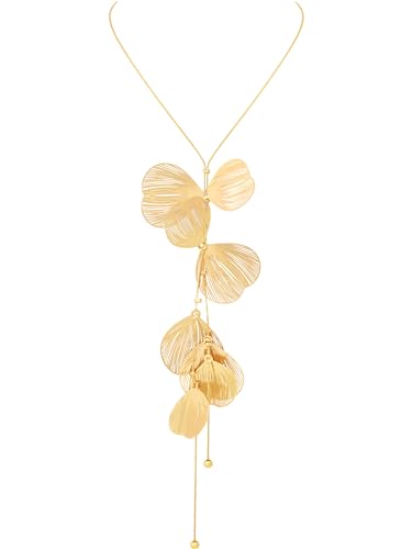 OJERRY Gold Statement Flower Long Y Shape Lariat Necklace for Women, Formal Evening Floral Jewelry Accessories Romantic Cool Gifts for Her Women in Their 20s 30s