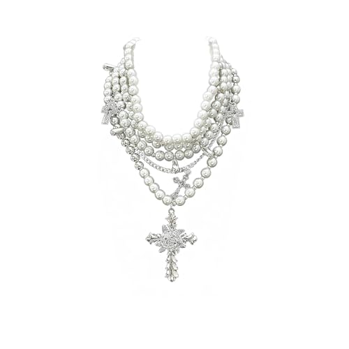 Layered Pearl Necklace Statement Gothic Cross Pearl Stacked Necklace for Women