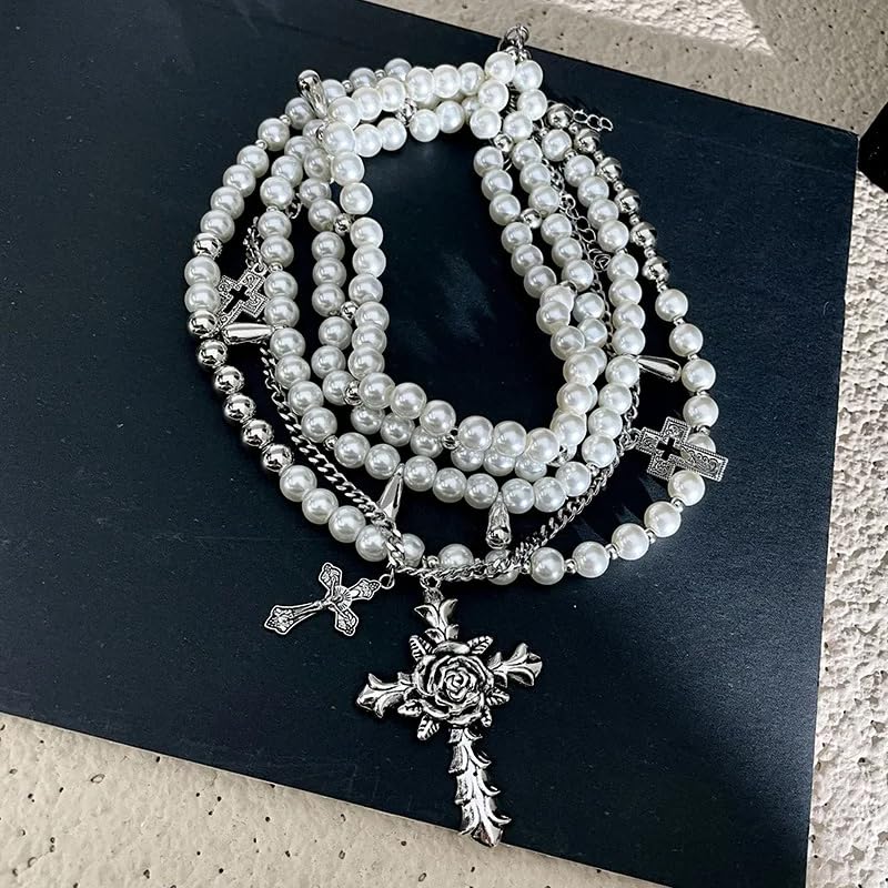 Layered Pearl Necklace Statement Gothic Cross Pearl Stacked Necklace for Women
