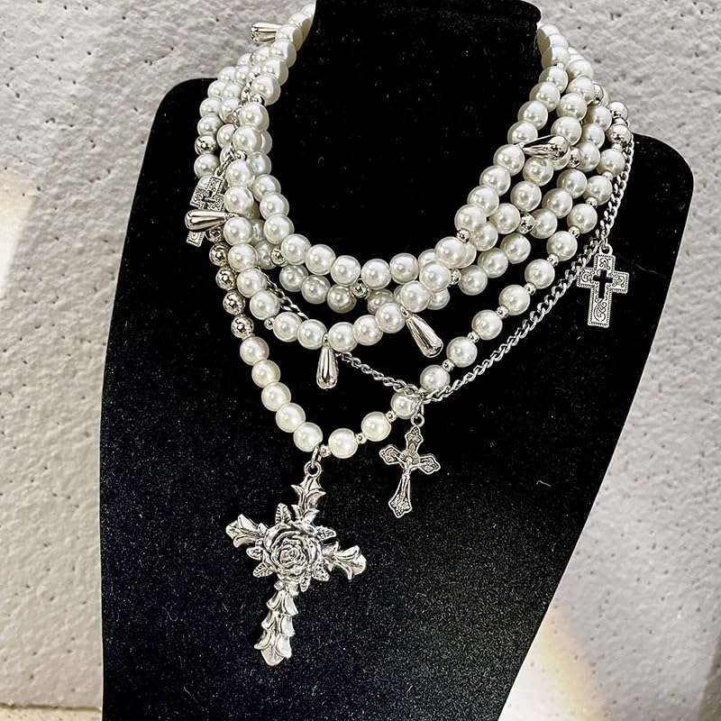 Layered Pearl Necklace Statement Gothic Cross Pearl Stacked Necklace for Women