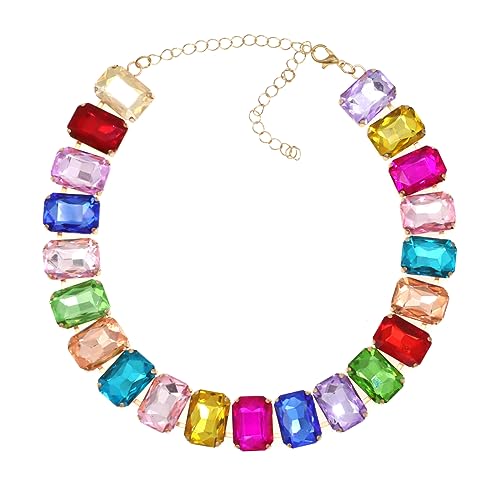 Crystal Rhinestone Choker Collar Necklace For Women Emerald Statement Piece Sparkly Colorful Crystal Neck Gold Chain Necklace (Multicolor)