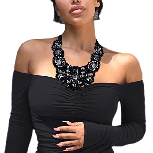 Flyonce Black Rhinestone Crystal Bib Chunky Collar Statement Necklace for Women Costume Jewelry