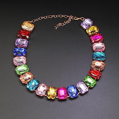 Crystal Rhinestone Choker Collar Necklace For Women Emerald Statement Piece Sparkly Colorful Crystal Neck Gold Chain Necklace (Multicolor)