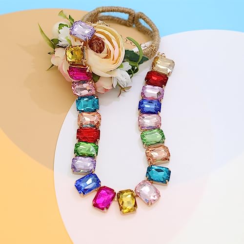 Crystal Rhinestone Choker Collar Necklace For Women Emerald Statement Piece Sparkly Colorful Crystal Neck Gold Chain Necklace (Multicolor)