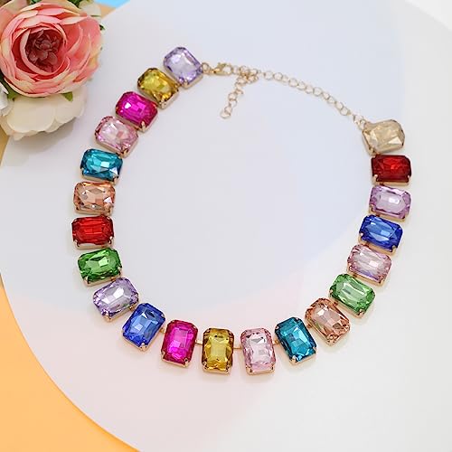 Crystal Rhinestone Choker Collar Necklace For Women Emerald Statement Piece Sparkly Colorful Crystal Neck Gold Chain Necklace (Multicolor)