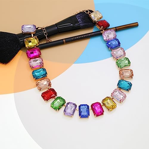 Crystal Rhinestone Choker Collar Necklace For Women Emerald Statement Piece Sparkly Colorful Crystal Neck Gold Chain Necklace (Multicolor)