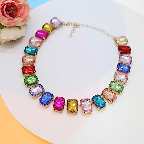 Crystal Rhinestone Choker Collar Necklace For Women Emerald Statement Piece Sparkly Colorful Crystal Neck Gold Chain Necklace (Multicolor)