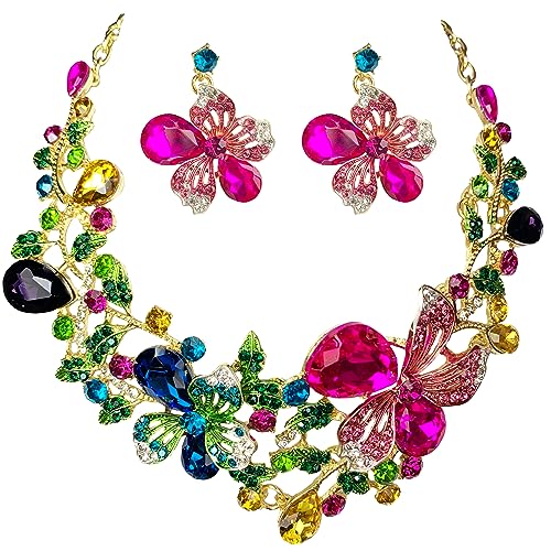 MMonesu Colorful Crystal Flower Bib Statement Necklace Set Chunky Diamond Flower Statement Necklace & Earrings Drama Bib Collar Jewelry Set for Women Prom Party Jewelry