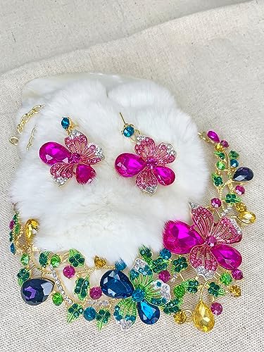 MMonesu Colorful Crystal Flower Bib Statement Necklace Set Chunky Diamond Flower Statement Necklace & Earrings Drama Bib Collar Jewelry Set for Women Prom Party Jewelry