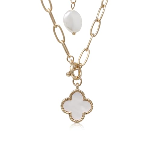 POMINA Chunky Coin Fashion Gold Necklace Trendy Statement Toggle Necklaces Women Clover Pearl Coin Pendant Thick Link Chain Layered Pearl Gold Necklaces for Women (2pc_Clover-Pearl)