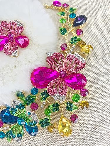 MMonesu Colorful Crystal Flower Bib Statement Necklace Set Chunky Diamond Flower Statement Necklace & Earrings Drama Bib Collar Jewelry Set for Women Prom Party Jewelry
