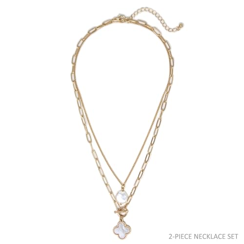 POMINA Chunky Coin Fashion Gold Necklace Trendy Statement Toggle Necklaces Women Clover Pearl Coin Pendant Thick Link Chain Layered Pearl Gold Necklaces for Women (2pc_Clover-Pearl)