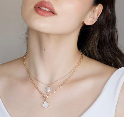 POMINA Chunky Coin Fashion Gold Necklace Trendy Statement Toggle Necklaces Women Clover Pearl Coin Pendant Thick Link Chain Layered Pearl Gold Necklaces for Women (2pc_Clover-Pearl)