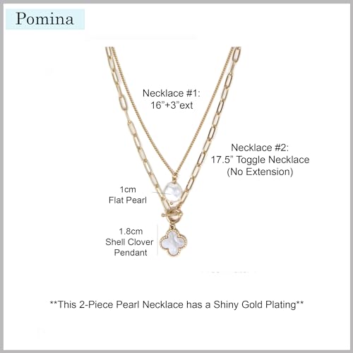 POMINA Chunky Coin Fashion Gold Necklace Trendy Statement Toggle Necklaces Women Clover Pearl Coin Pendant Thick Link Chain Layered Pearl Gold Necklaces for Women (2pc_Clover-Pearl)